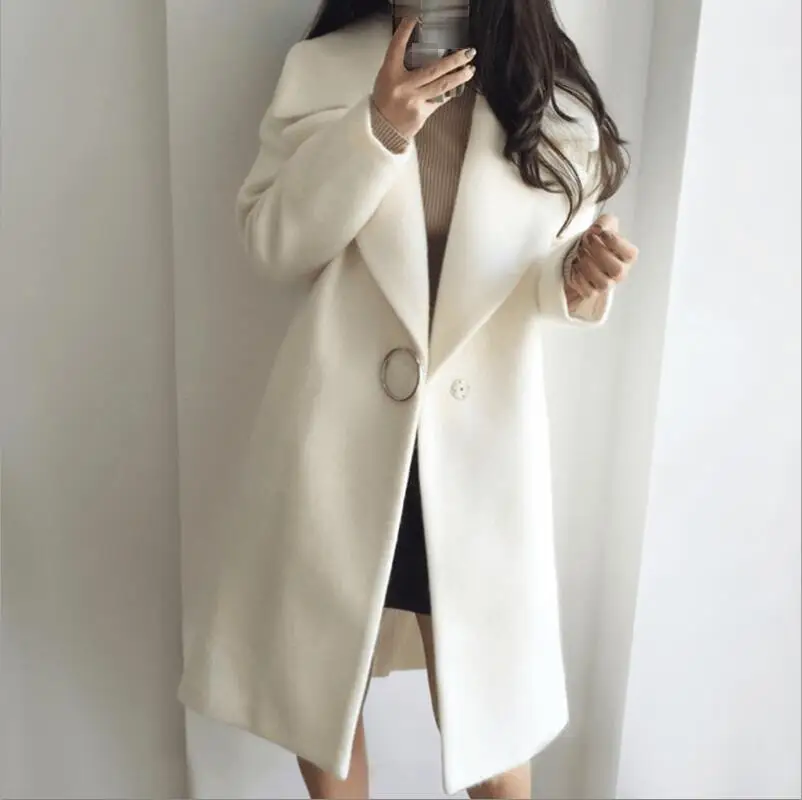 New Thin Wool Blend Coat Women Long Sleeve Turn-down Collar Outwear Jacket Casual Autumn Winter Elegant Overcoat Leisure - Цвет: Белый