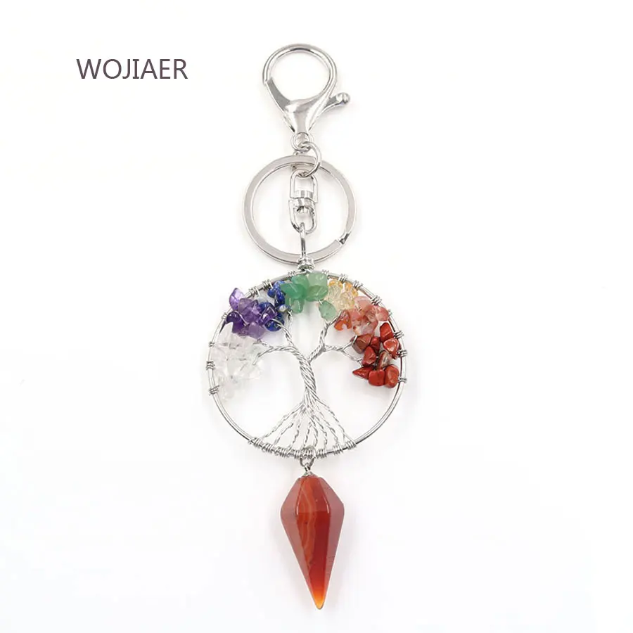 

WOJIAER Natural Stone Round Tree of Life Pyramid Pendant Keychains Key Ring Key Holder for Women Car Bags Accessories PBM172