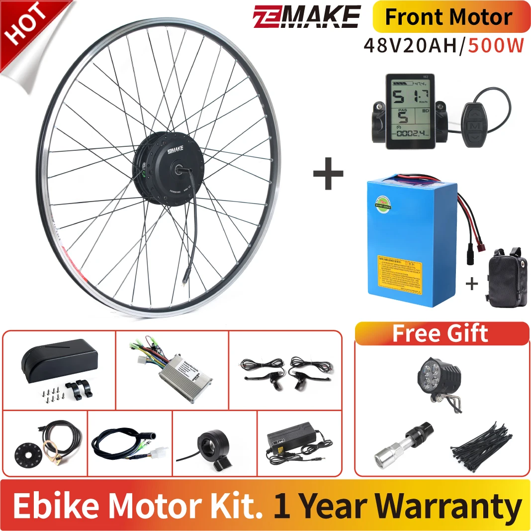 Ebike Motor Kit Battery Wheel High Speed Brushless Gear Hub 36V 48V 20AH 350W 500W Electric Bike Conversion Front FreewheeZEMAKE