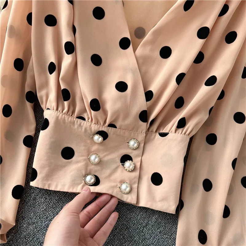 Женская рубашка в горошек SINGREINY винтажная двубортная приталенная блузка с