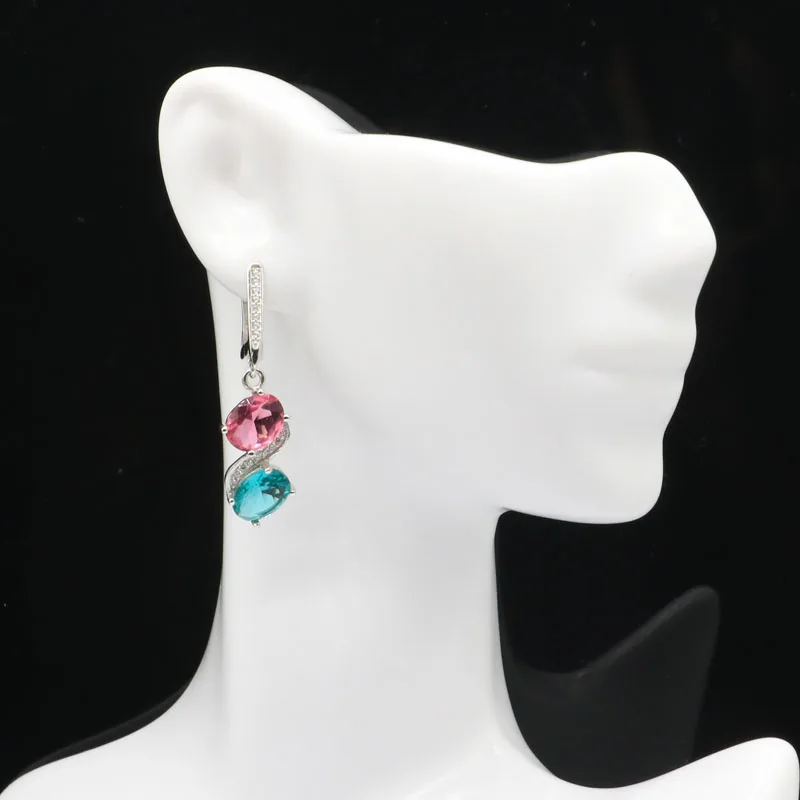 

Роскошные серьги из серебра 5,4 пробы с розовым турмалином и аквамарином, 40 х10 мм, 925 г