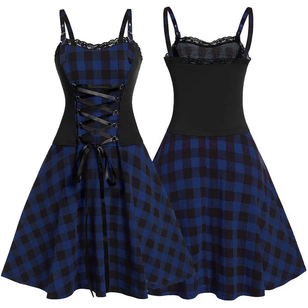 Женское платье в готическом стиле клетчатое однотонное Бандажное большого