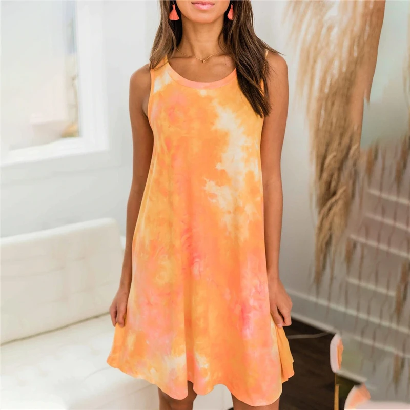 Женское платье с принтом на завязках повседневное мини без рукавов лето