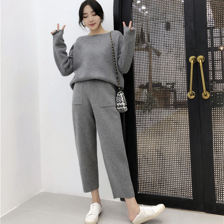 Autumn Winter Knitted Set Women Thick Warm O-Neck Loose Knit Suit Slim Pocket Harem Pants Oversized Casual Elegant Black Clothes