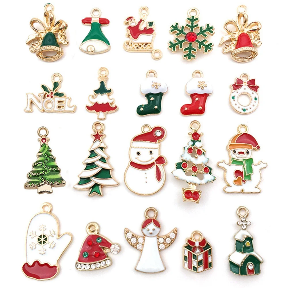 

20Pcs Christmas Oil Dripping Alloy DIY Jewelry Accessories Santa Claus Snowman Bell Earrings Bracelet Small Pendant