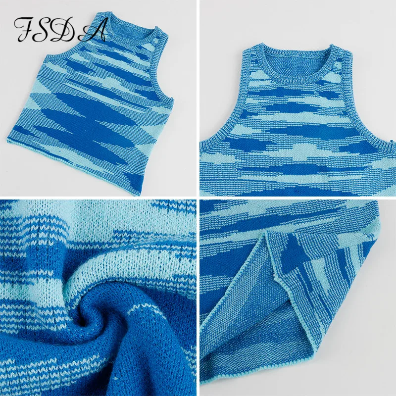 

FSDA 2021 Knit Crop Top Women Sleeveless Y2K Basic T Shirts Casual Summer Off Shoulder Blue O Neck Tank Top Vintage Fashion