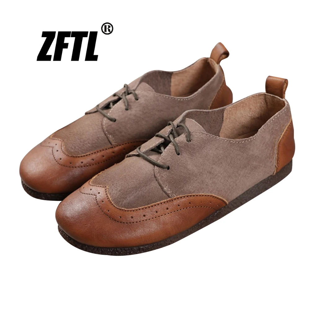 

ZFTL Ladies handmade Vintage shoes Genuine Leahter Women Flat shoes female Retro stitching lace-up shoes Lolita shoes Loafers