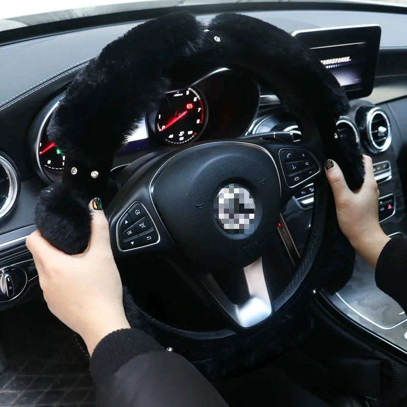 

Luxury crystal inlaid bling winter plush warm non-slip 15" steering wheel cover for women