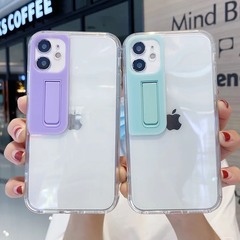 

Colorful Smooth Simple Transparent Phone Case With Stents For iPhone 11 12 Pro X XR XS Max SE 2020 7 8 Plus Soft TPU Cover