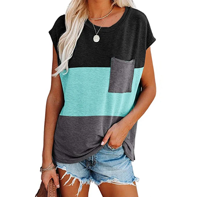 

2021 Summer New Contrast Color Patchwork Short Sleeve O Neck T Shirt Women Casual Loose Pocket Plus Size Streetwear Tops