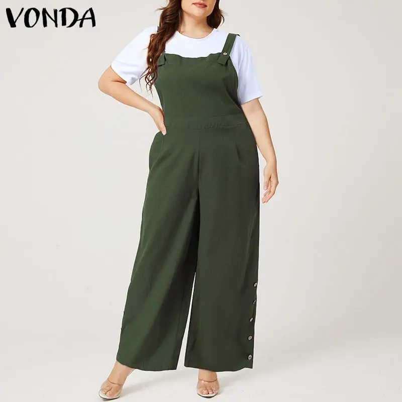 

VONDA 2022 Women Summer Jumpsuits Plus Size Sexy Sleeveless Solid Playsuits Loose Wide Leg Office Overalls Female Pantalones