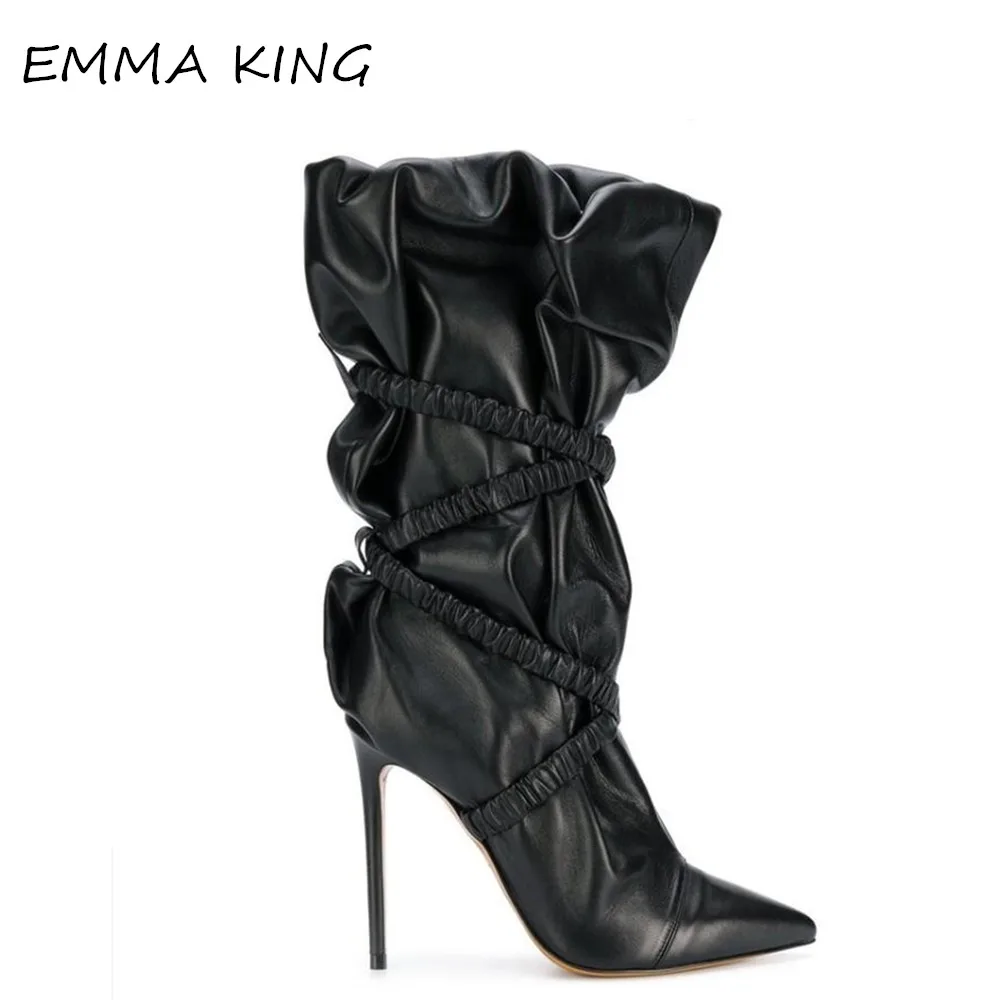 

EMMA KING Fashion New 2019 Black Solid Pleated boots Knee High Boots For Ladies Sexy Walk Show With Thin High Heels
