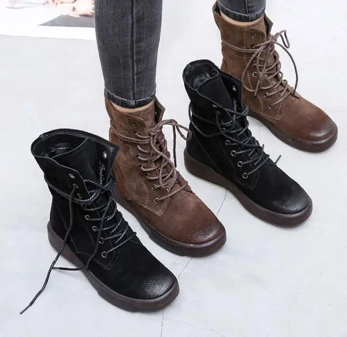 2020 designer handmade new winter boots female Genuine Leather plus velvet pure leather short Retro women shoes | Обувь