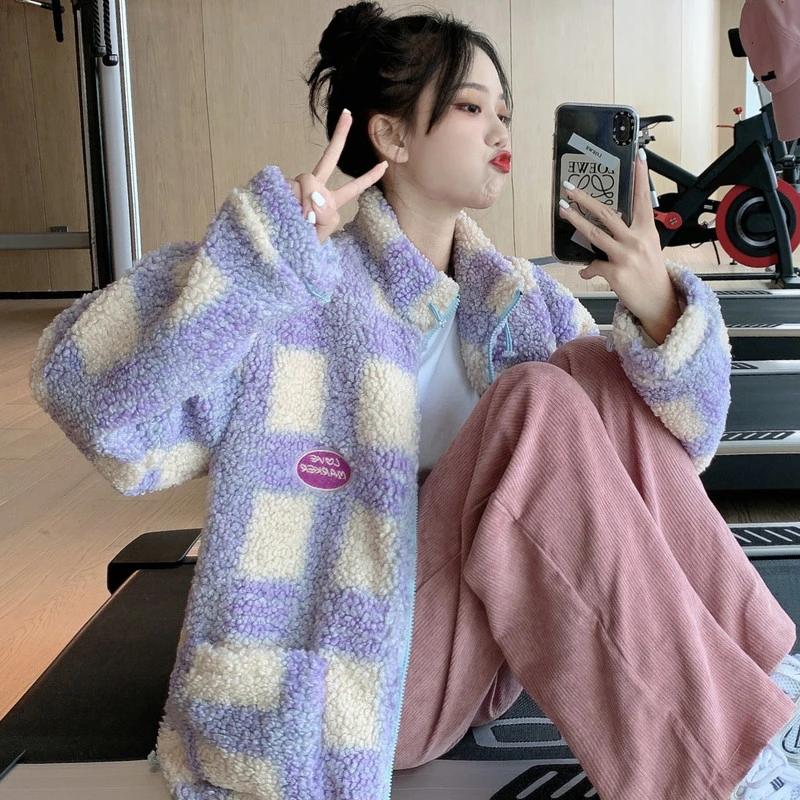 

Women Purple Plaid Faux Fur Coat 2020 Korean Fashion Thick Oversized Fluffy Lambwool Jacket Vintage Zipper Overcoat