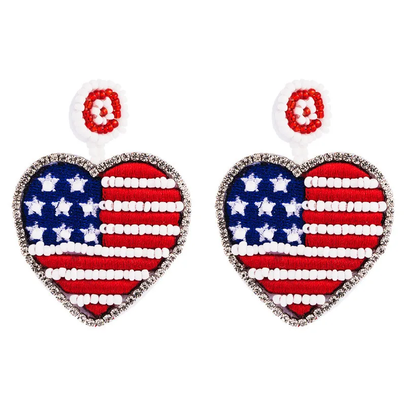 Креативные серьги в форме сердца с американским флагом и бусинами Модная