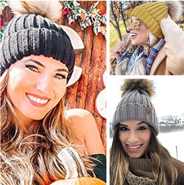 Furtalk Реального Меховая Шапка Вязаная Реальный Большой Енота Pom Pom Hat женщины Зимняя Шапка Унисекс ДетиТеплый Коренастый Толстая Эластичный вязать