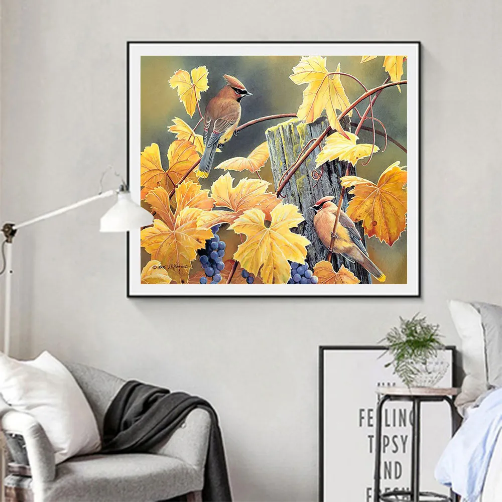 Осенние виноградные листья богемные Waxwing Алмазная картина круглая полная дрель