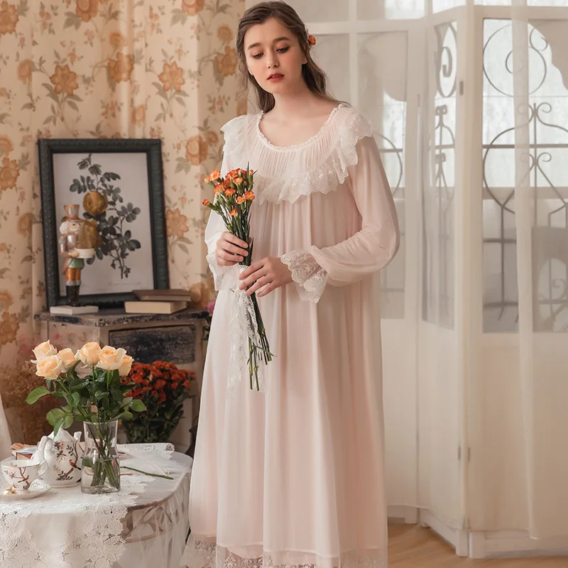 Ночная рубашка женская винтажная белая с длинным рукавом | Женская одежда