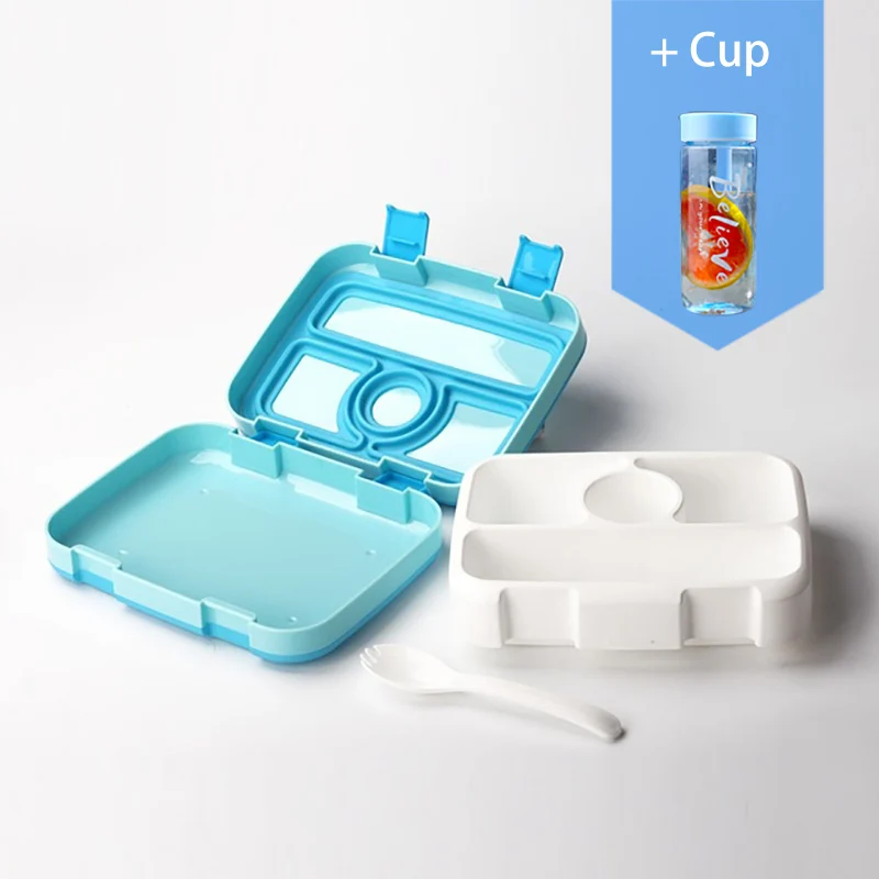 Blue 4 and cup Baispo Microwavable квадратная коробка для обеда для детей Герметичный пищевой контейнер с отделениями BPA бесплатно ланчбокс для пикника школы - Цвет: Blue 4 and cup