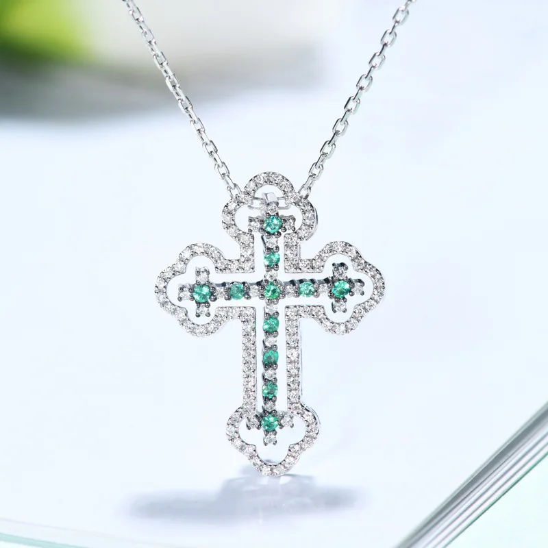 Религиозный крест с бриллиантом натуральный изумруд 18 К золотой кулон AU750