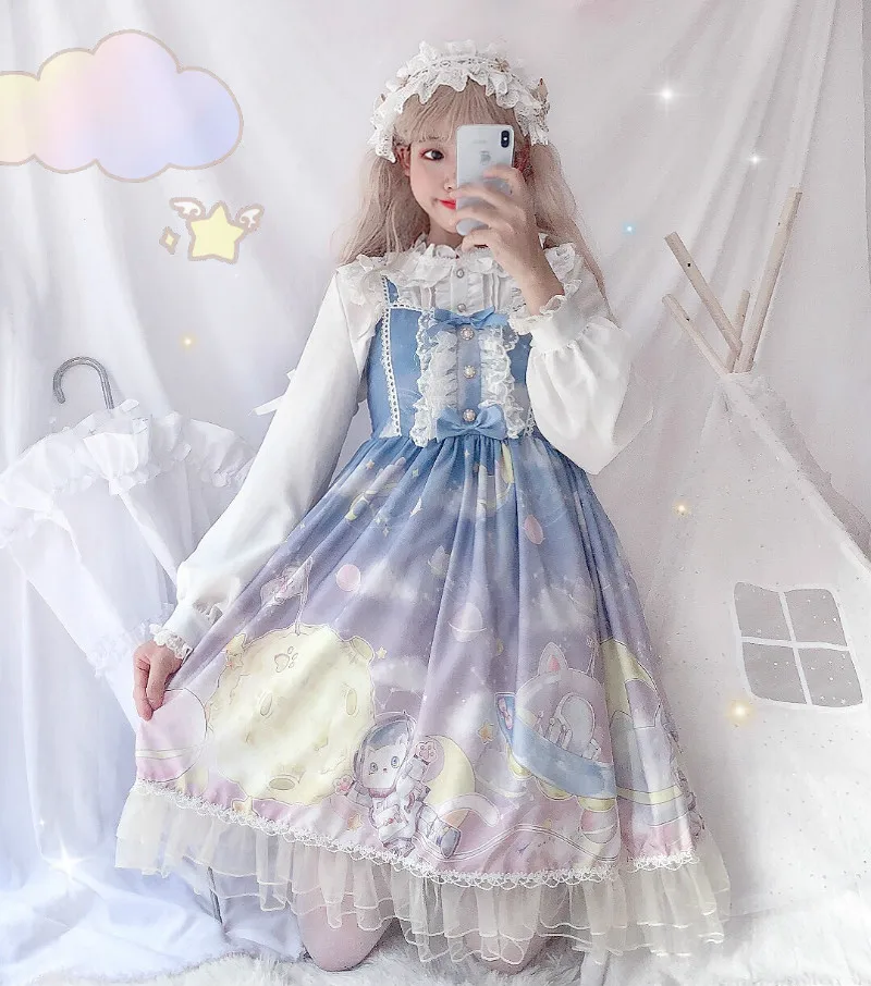 Платье в стиле Лолиты; милое платье в японском стиле Kawaii; платье принцессы для девочек в винтажном готическом стиле; кружевная розовая летняя юбка с принтом