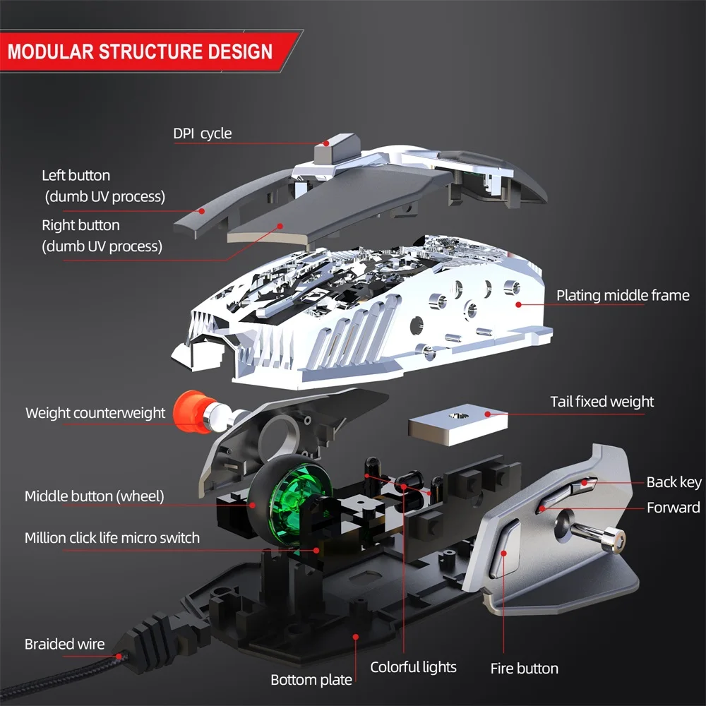 Проводная игровая мышь HXSJ J200 6400 DPI семи клавиш настройки макропрограммирования с