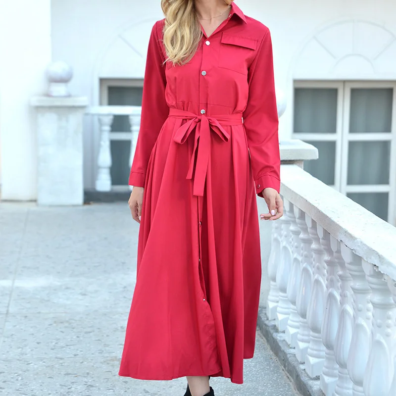 

2021 New Spring Autumn Women Dress Long Maxi Solid Buttons Sashes Plus Size Turn-Down Collar Dresses Female Midi Clothing G2253