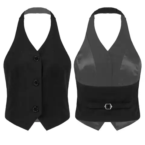 Женский винтажный черный костюм на бретелях, с открытой спиной, на пуговицах