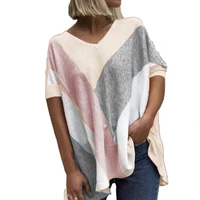 2022 new casual womens t shirt oversized short sleeve v neck color block loose blouse top women for daily life