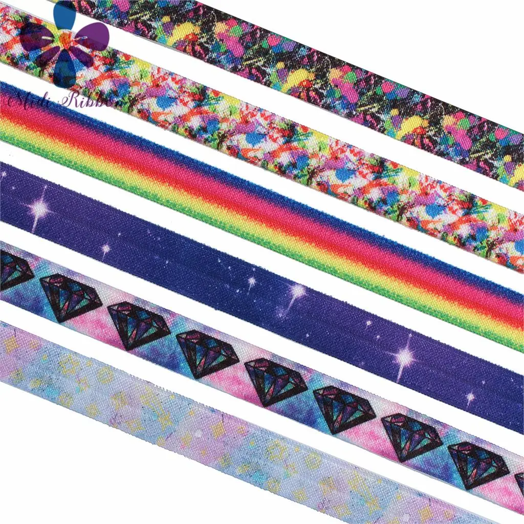 

5/8"16mm Colorful Stripes Galaxy Diamonds Printed Fold Over Elastic Ribbon Rainbow DIY Hair Bowknots Gift Packing 50yards/roll