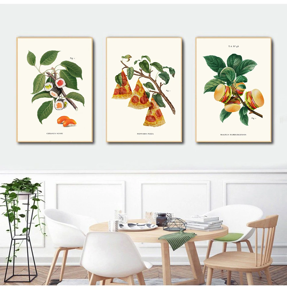 

Food Plant Funny Posters and Prints Donut Macaron Pizza Sushi Canvas Painting Food Branches Wall Art Pictures for Kitchen Decor