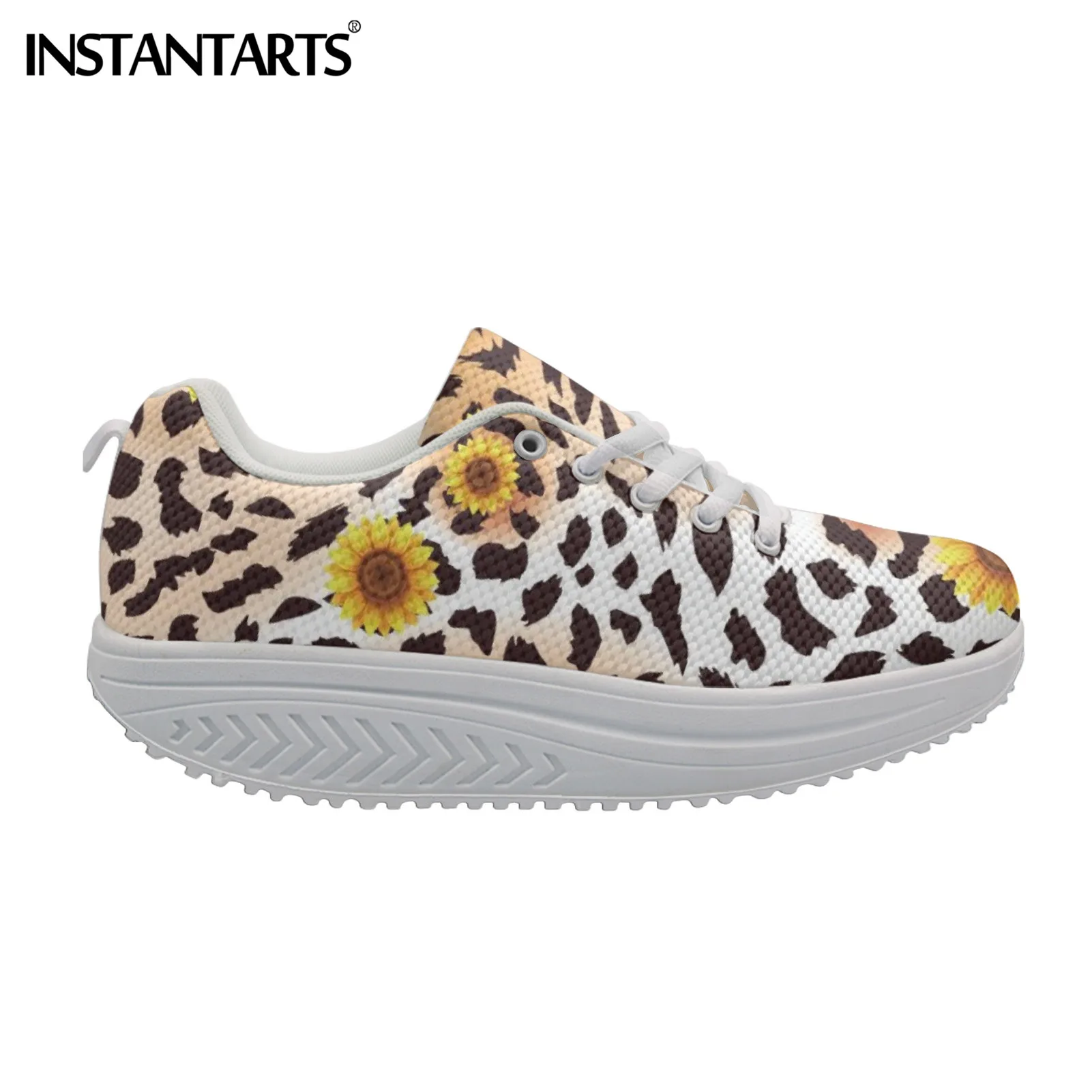 

INSTANTARTS Sunflower Leopard Print Platform Increasing Shoes for Women Breathable Air Mesh Youth Girl Slimming Swing Sneakers