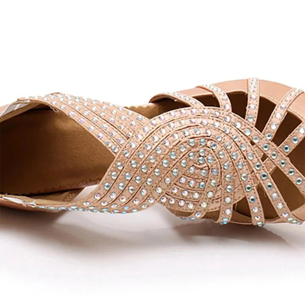 Latin Pointe Dance Shoes  Rumba Samba Gold Flash Rhinestones Ballroom Dancing Shoes Medium Heel Women Diamond Party Salsa Shoes