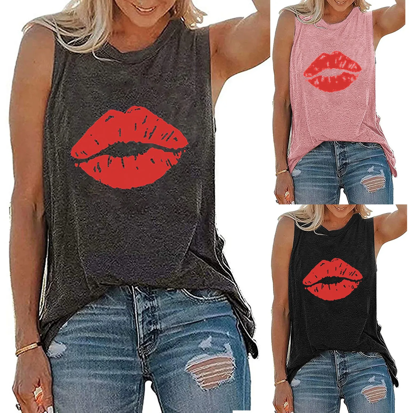 

Майка женская с принтом губ, повседневный топ с круглым вырезом, без рукавов, в стиле Харадзюку, лето