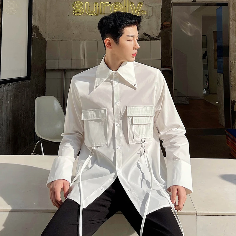 

Man Japan Korean Streetwear Fashion Shirt 2021 Men's Removable Ribbon Long Sleeve Loose Casual White Cargo Shirts Male