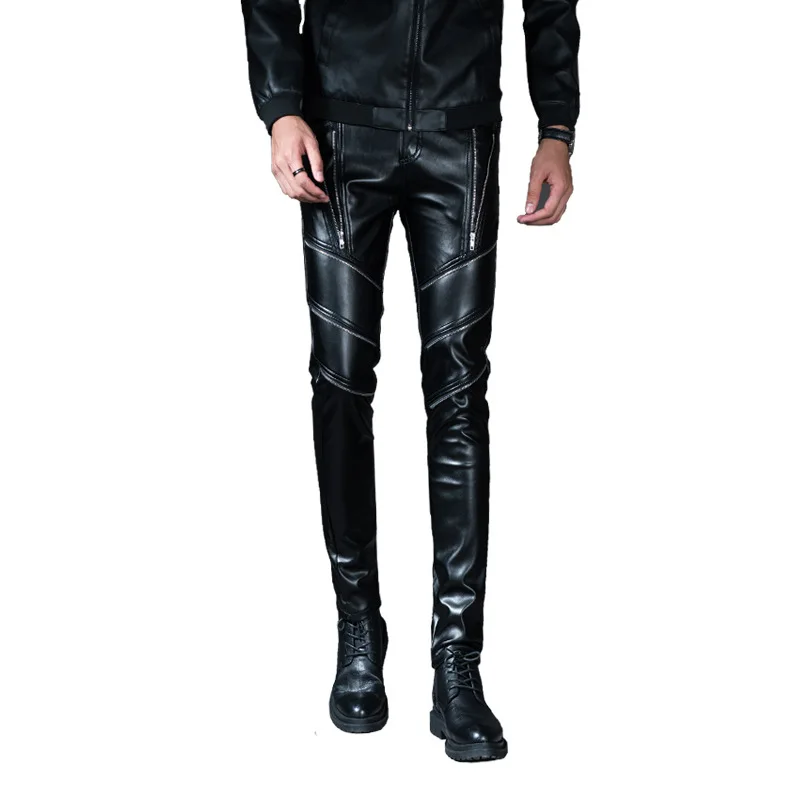 

Autumn Winter Mens Slim Fit Stretchy Faux Leather Pants Male Elastic Tight Trousers PU Leather Shiny Pencil Motorcycle Pants