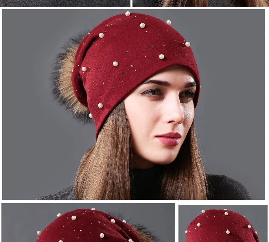 New Women's Pearls Beanies Winter Causal Solid Rhinestone Pearl Slouchy Beanies Hat with Raccoon Fur Pompom Femme Black Cap