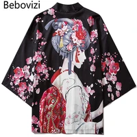 bebovizi black fashion streetwear beauty print kimono cardigan robe china haori obi traditional japanese clothes for women men