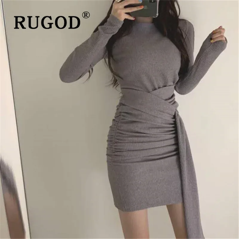 RUGOD Chic Sexy Mini Dress Solid Full Sleeves Top For Women Knitwear Casual Elegant Ladies Dresses Collect Waist Simplee Belt | Женская
