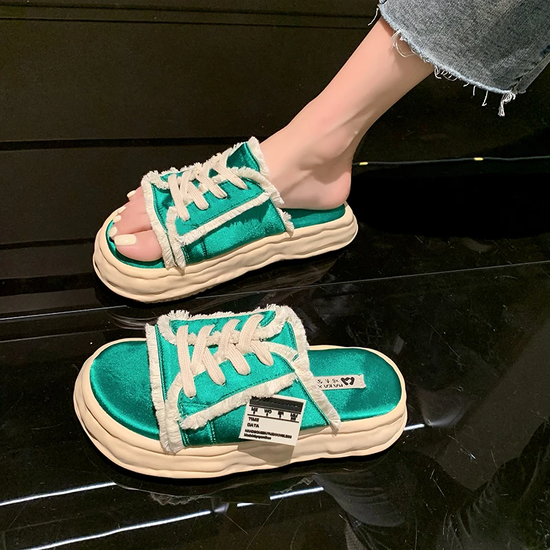 

Flat Shoes Female Woman's Slippers Platform Med Slides Fashion 2021 Luxury Rome Rubber Fabric Canvas Lace-Up PU Slippers Casual