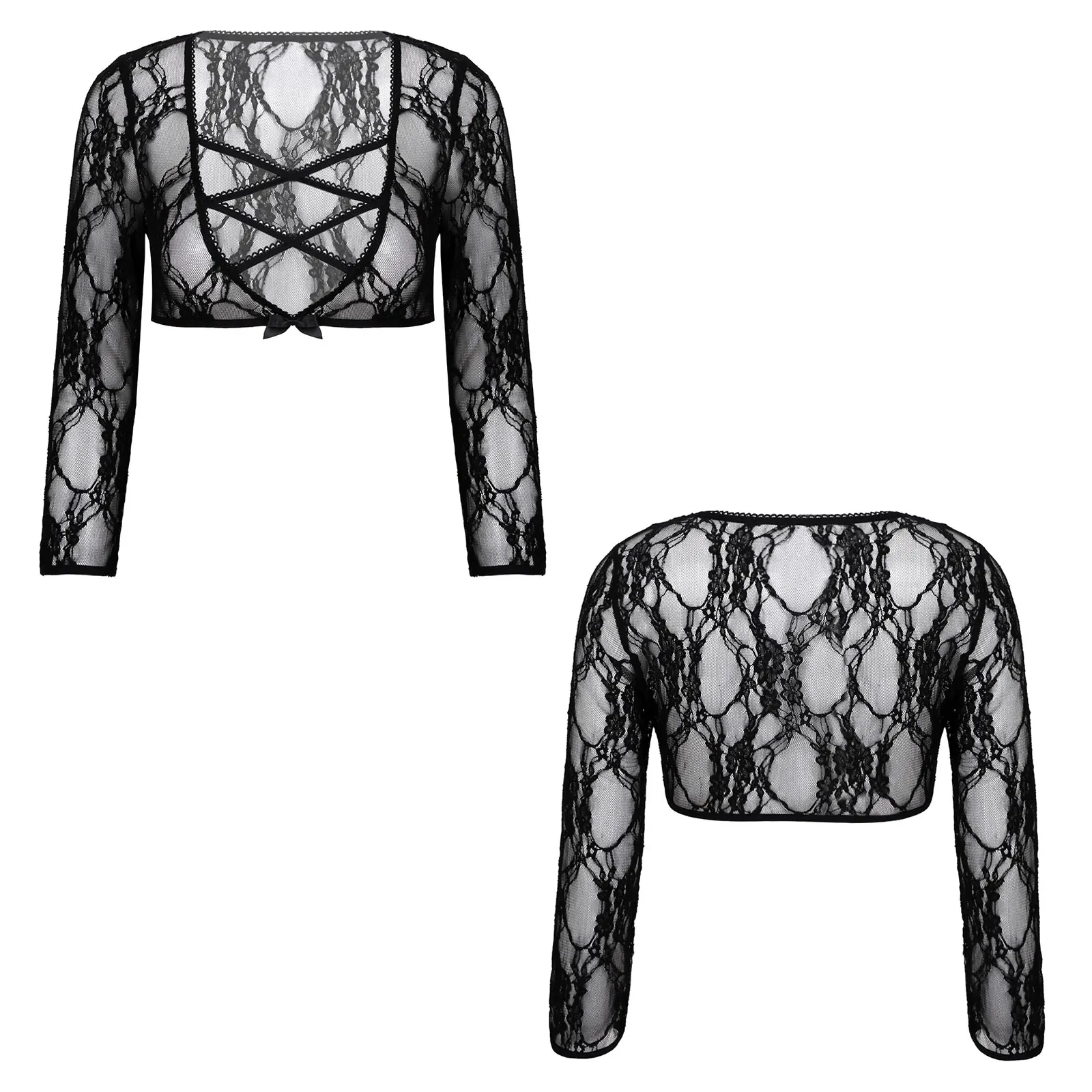 

Womens Lingerie See-through Lace Crop Top for Pole Dancing Floral Pattern Three Quarter Sleeve Front Hollow Out Tops Clubwear