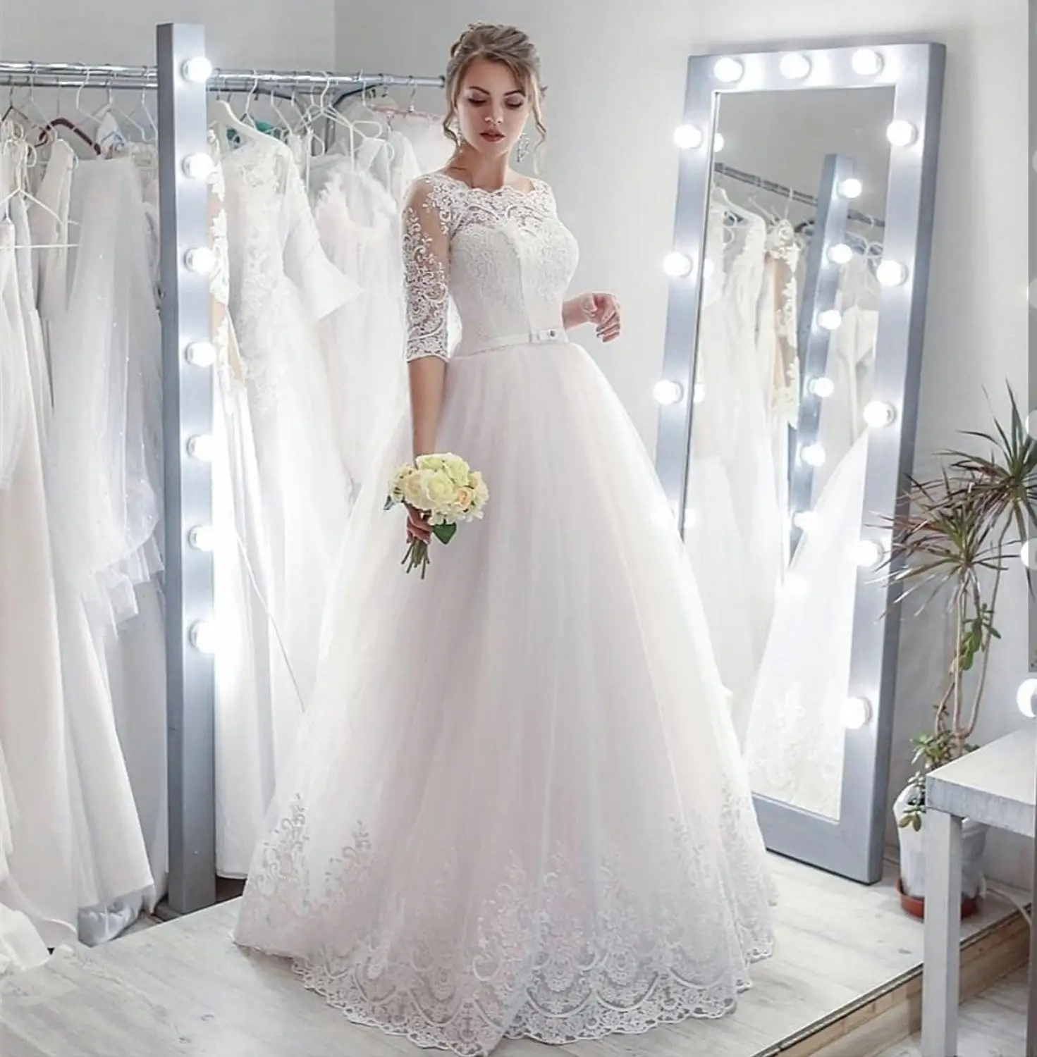 Женское свадебное платье с коротким рукавом фатиновое кружевное трапеция