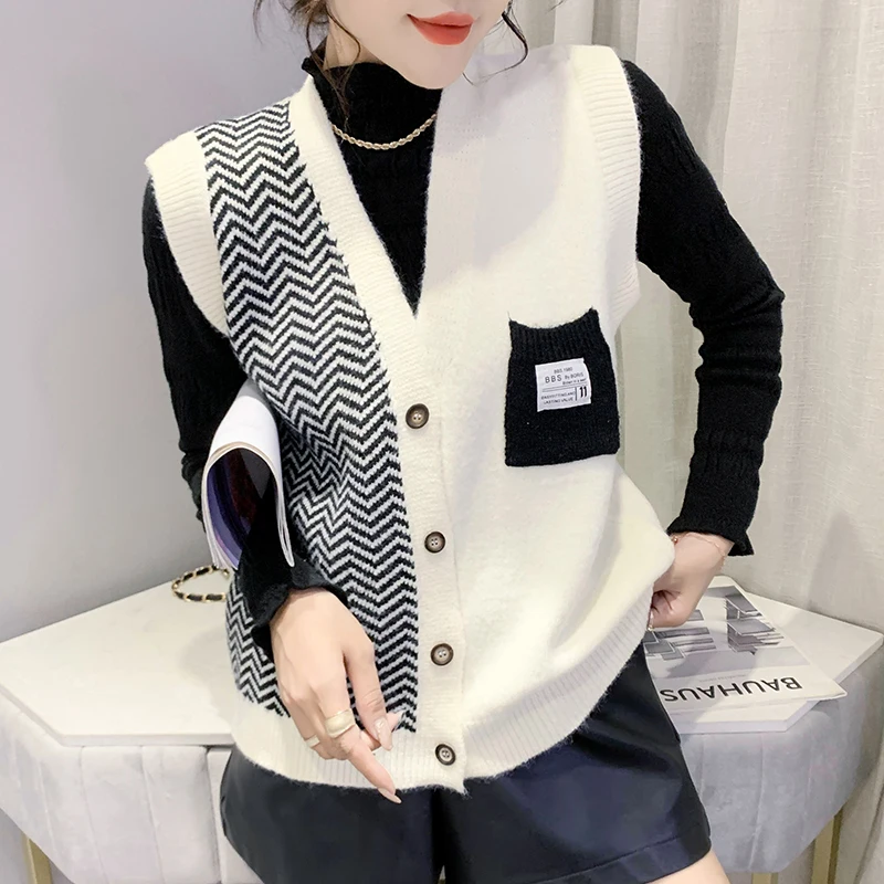 

Color Contrast Patchwork Sweater Vest Women Streetwear Korean V Neck Knitted Vest Sleeveless Sweater Top Chaleco Mujer