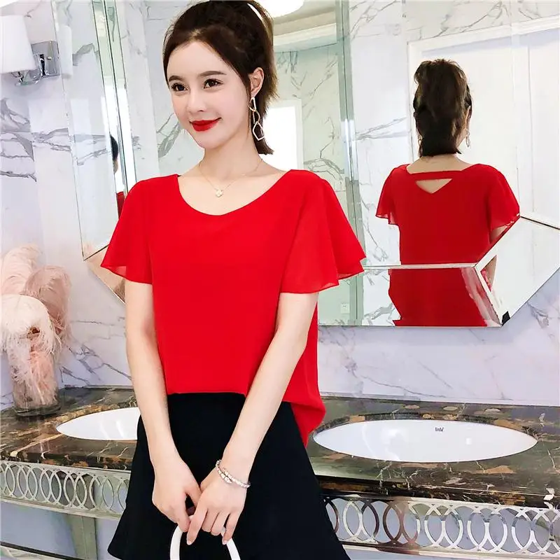 Women New 2020 Summer Chiffon Blouse Short Sleeve Ladies Office Shirts Plus Size Work Top Casual Female Ruffles Clothing H338 | Женская