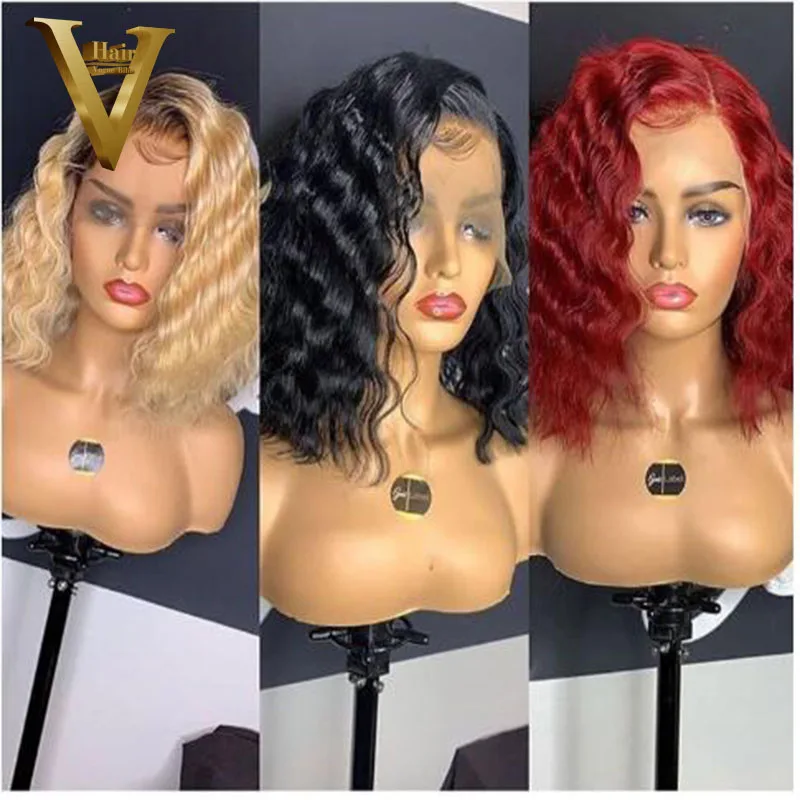 13x6 короткий парик с крупными волнами кружева фронта человеческих волос парики