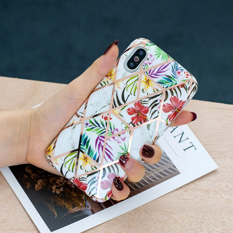 Милый чехол с цветочным мраморным принтом для iPhone XS Max мягкий золотым блеском |