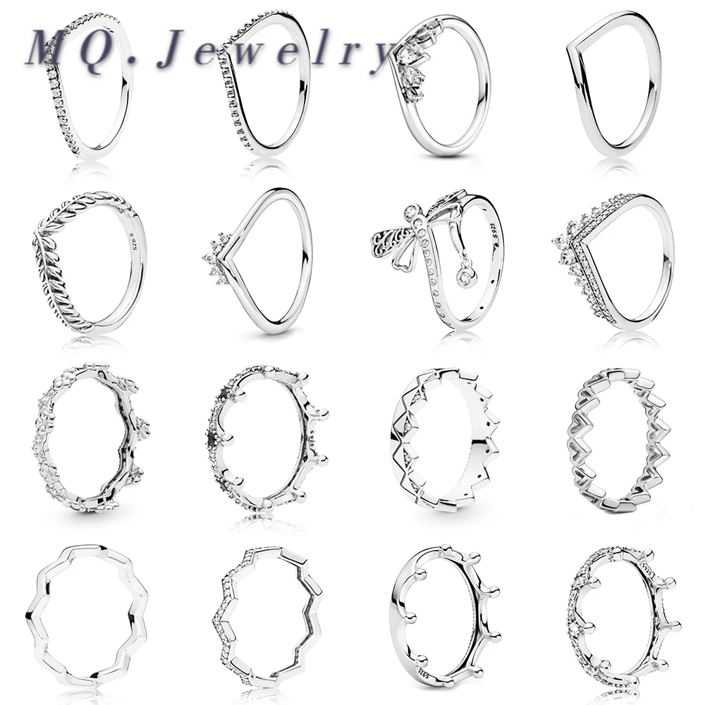

New Popular 100% 925 Silver Jewelry Sparkling Pear Marquise Tiara Wishbone Polished Crown Freehand Flower Hearts Ring For Women