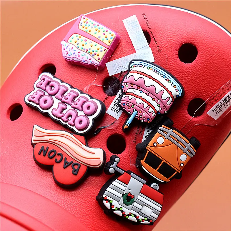 Original PVC Croc Shoe Charms Red Heart Cake Van Ice Cream Cart Slippers Decorations Accessories for Jibz Kids Party Gifts U195