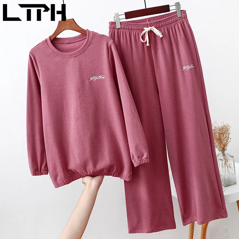 LTPH-Conjunto de 2 piezas bordadas para mujer, ropa de talla grande, sudaderas holgadas estilo stayhome, pantalones fáciles de combinar, trajes, primavera 2021