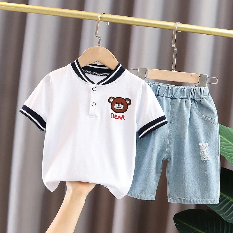 

HYLKIDHUOSE 2021 Summer Boys Clothing Sets Children Outfit Short Sleeve Cartoon Bear T Shirt Denim Shorts Kids Vacation Clothes